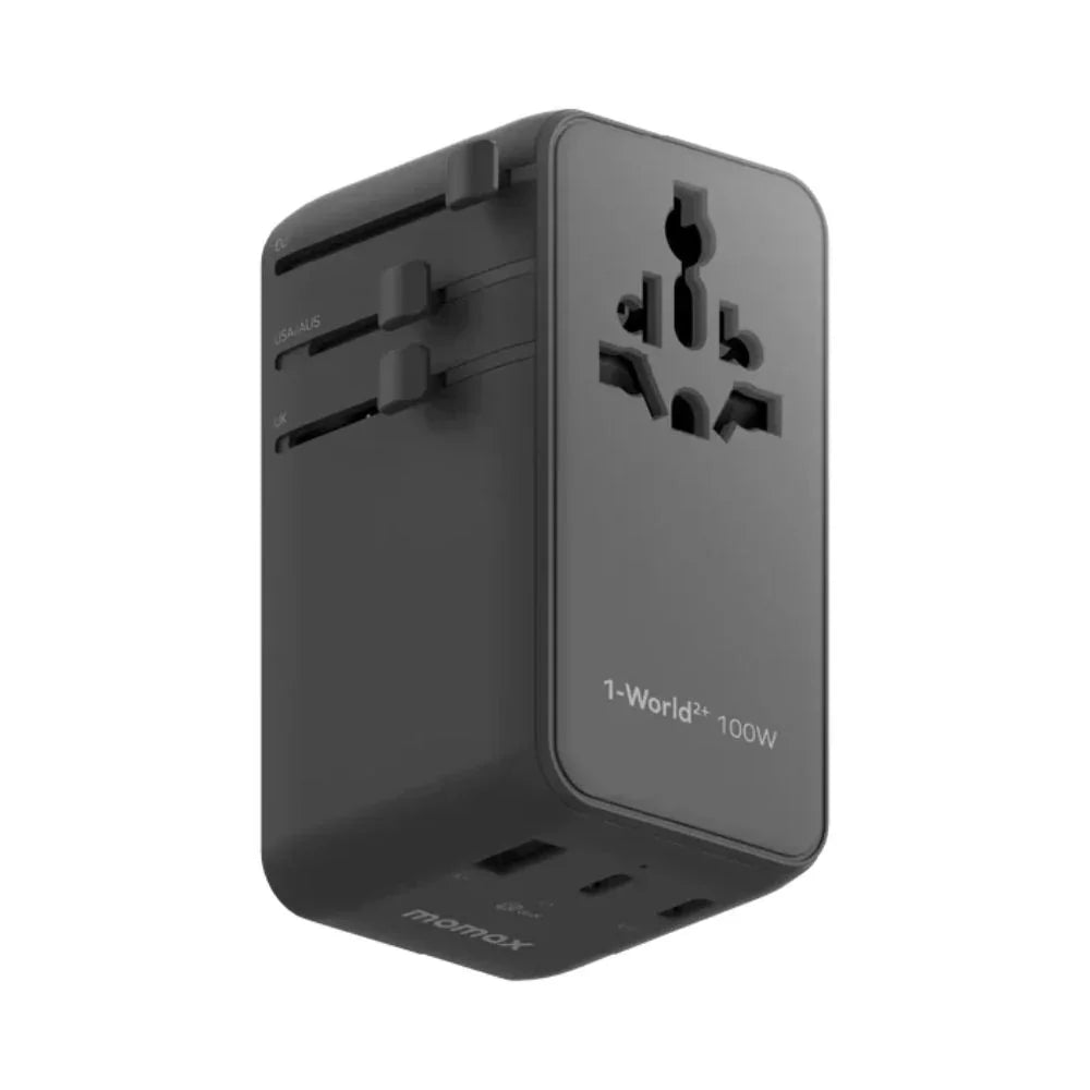 UA25D | Momax 1-World2+ 100W 4-Port Dual AC Travel Adaptor with Built-in retractable Cable | Black