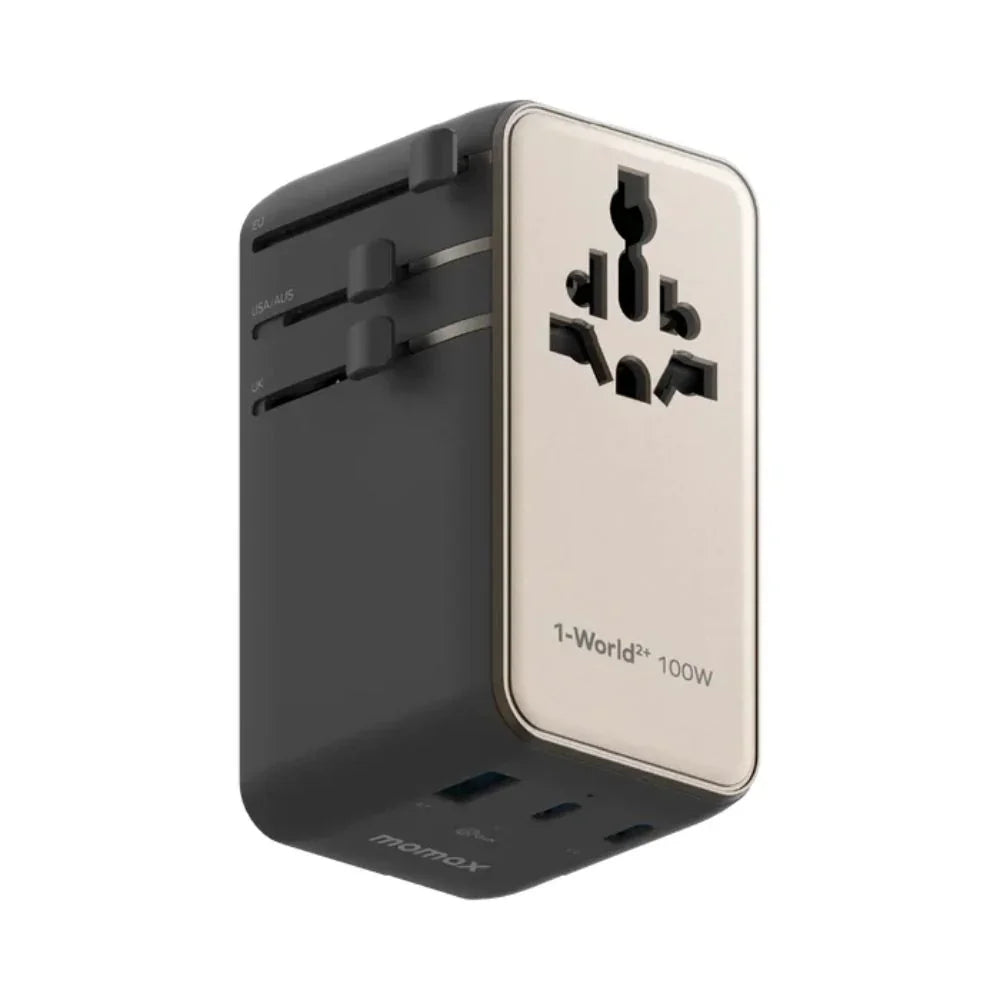 UA25L | Momax 1-World2+ 100W 4-Port Dual AC Travel Adaptor with Built-in retractable Cable | Titanium