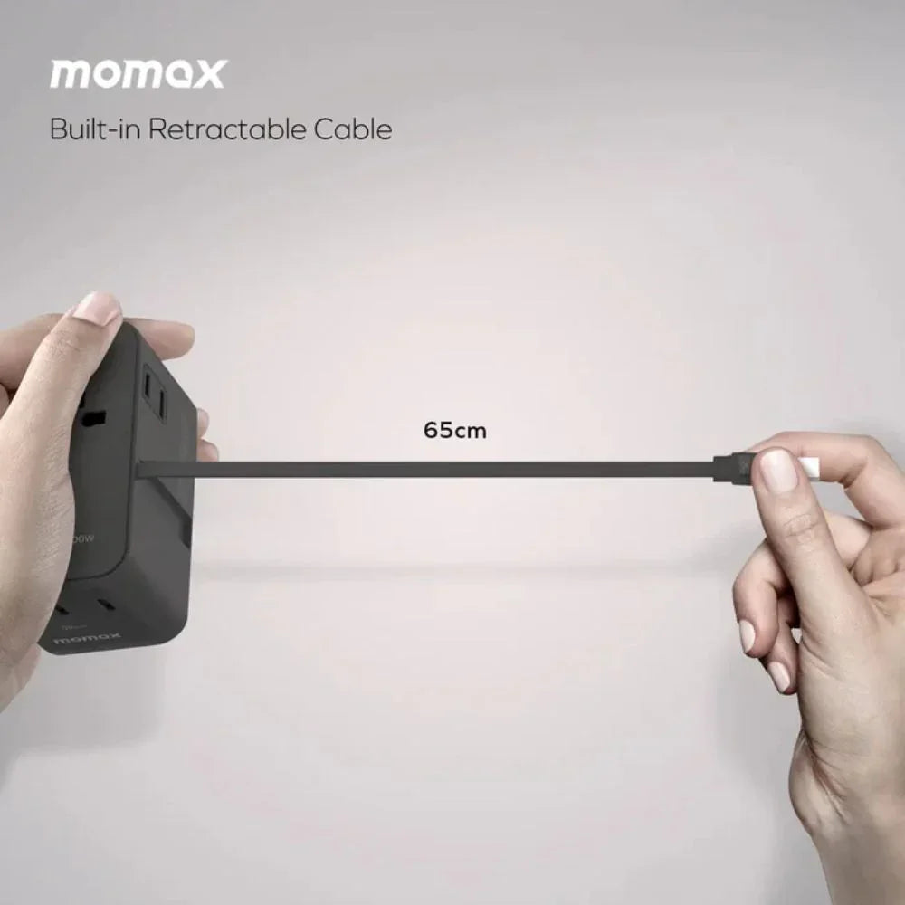UA25D | Momax 1-World2+ 100W 4-Port Dual AC Travel Adaptor with Built-in retractable Cable | Black