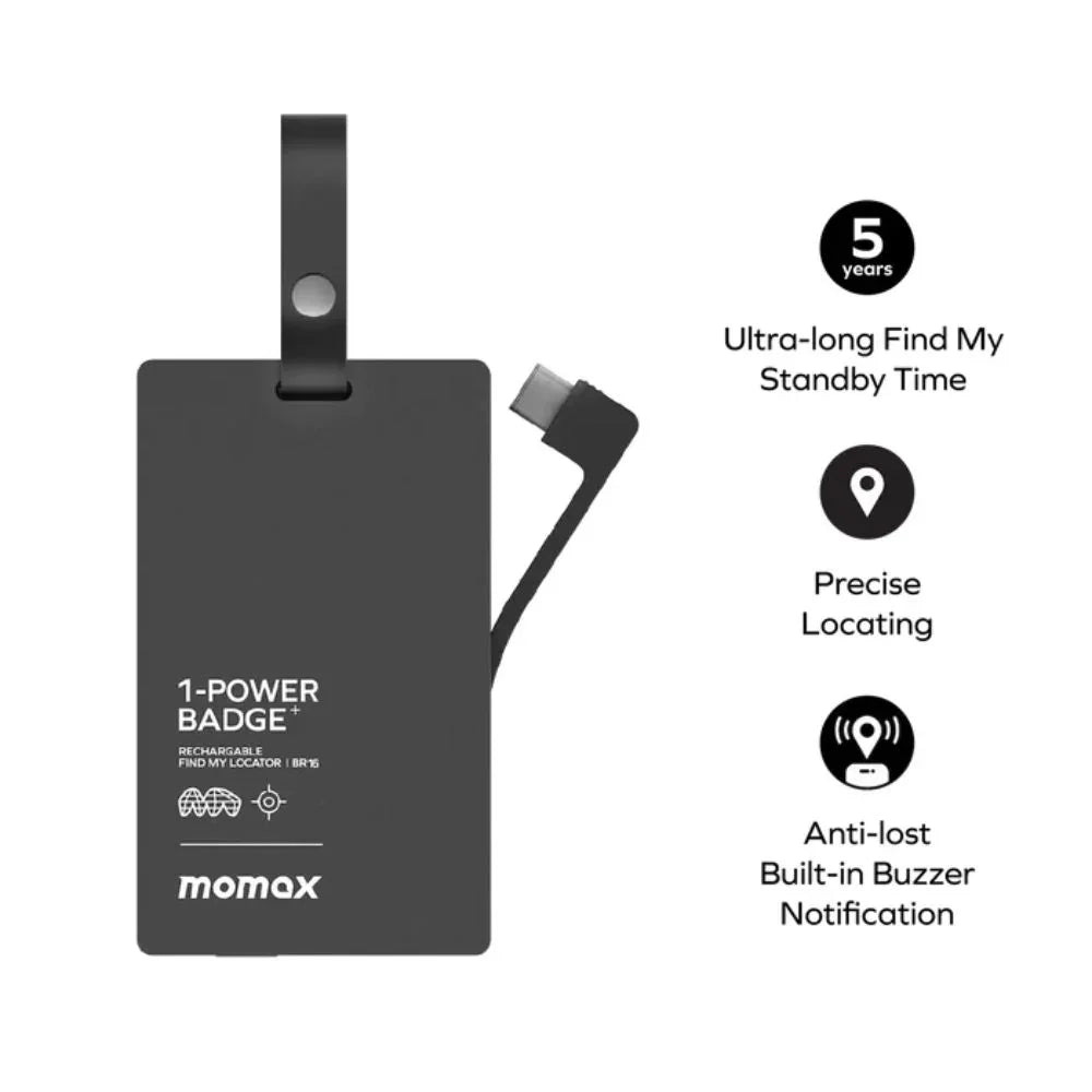 BR16D | Momax 1Power Badge+ Rechargeable Battery With FIND MY Locator | Black