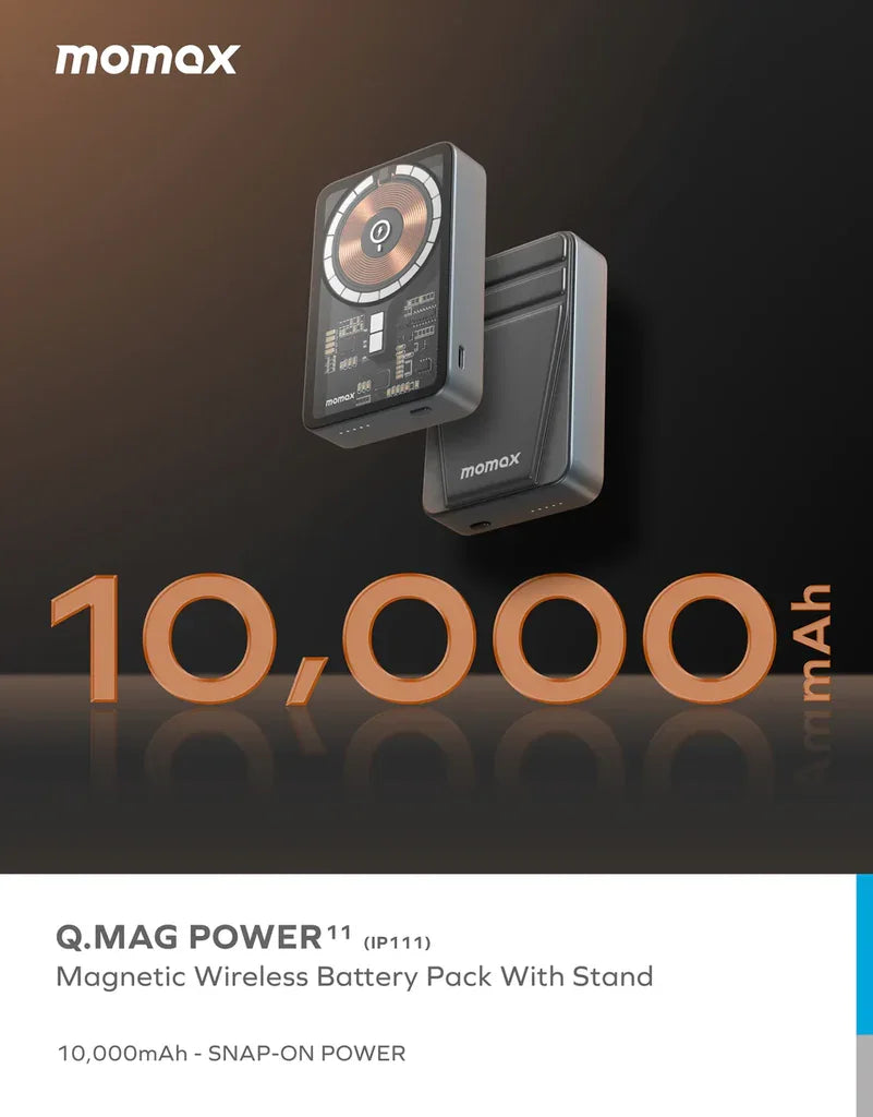 IP111E | MOMAX Q.Mag Power 11 بطارية لاسلكية مغناطيسية بسعة 10000 مللي أمبير/ساعة مع حامل | رمادي غامق