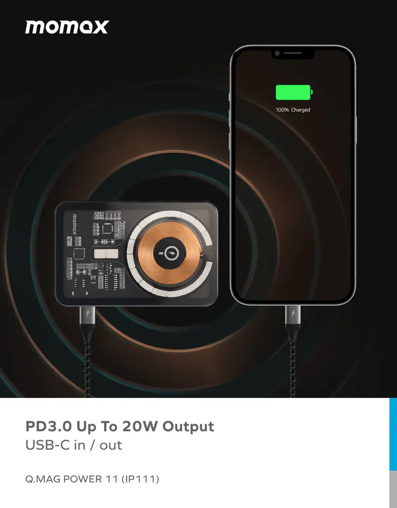 IP111E | MOMAX Q.Mag Power 11 10000 mAh Magnetic Wireless Battery Pack with Stand |Dark Grey