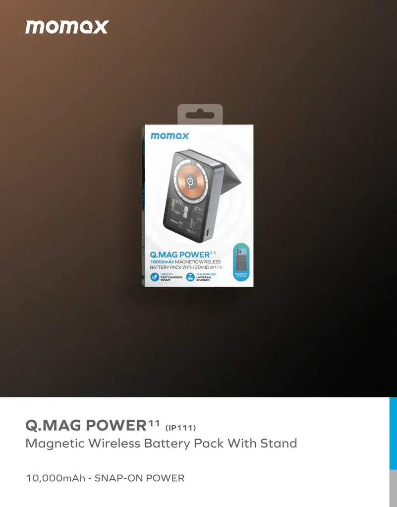 IP111E | MOMAX Q.Mag Power 11 10000 mAh Magnetic Wireless Battery Pack with Stand |Dark Grey