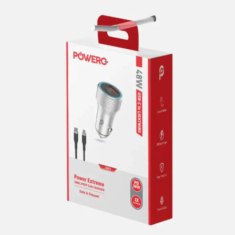 PR-CCPD48-GY، شاحن سيارة PowerO+ Power Extreme PD+QC بمخرجين، 48 وات، رمادي