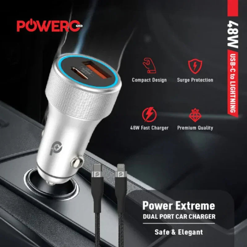 PR-CCPD48-GY، شاحن سيارة PowerO+ Power Extreme PD+QC بمخرجين، 48 وات، رمادي