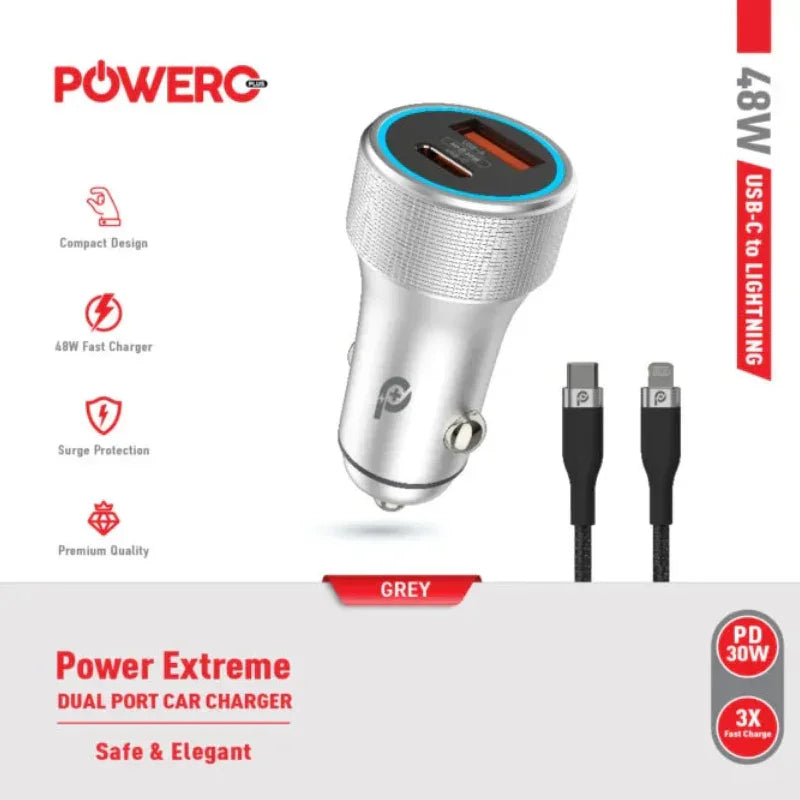 PR-CCPD48-GY , PowerO+ Power Extreme PD+QC Dual Output Car Charger 48W Grey
