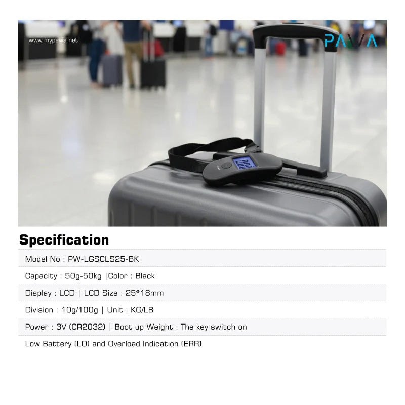 Pawa Mini Luggage Scale With Digital Display (50kg) - Black