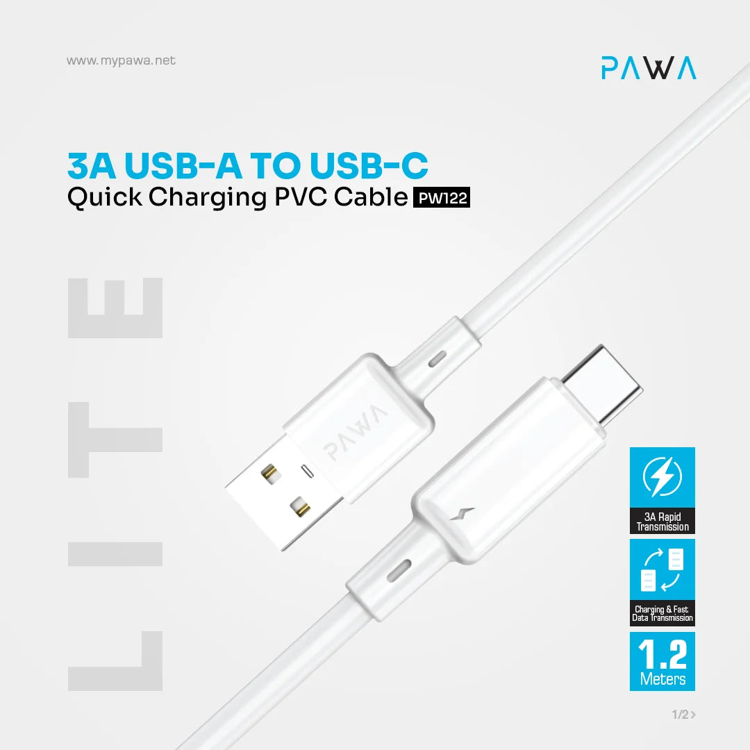 PW-BDC312AT-WH | PAWA Lite 3A USB-A to Type-C Quick Charging PVC Cable 1.2M PW122 | White
