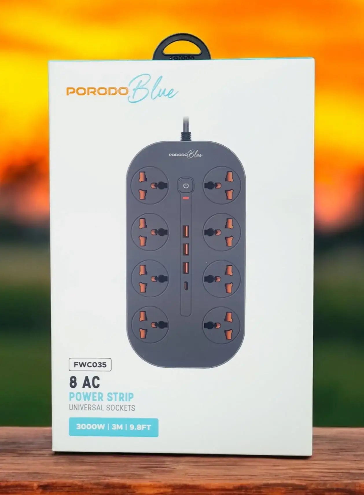 PB-FWCH035-BK , Porodo Blue FWC035 8 AC Power Strip Universal Sockets 3000W 3M 9.8FT - GulfStore.com