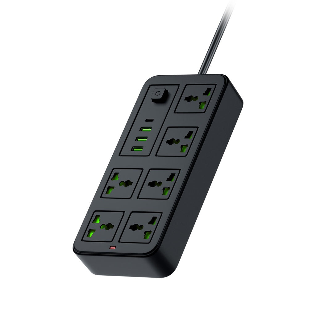 Porodo Blue 6 Universal Sockets Power Strip 3m Black