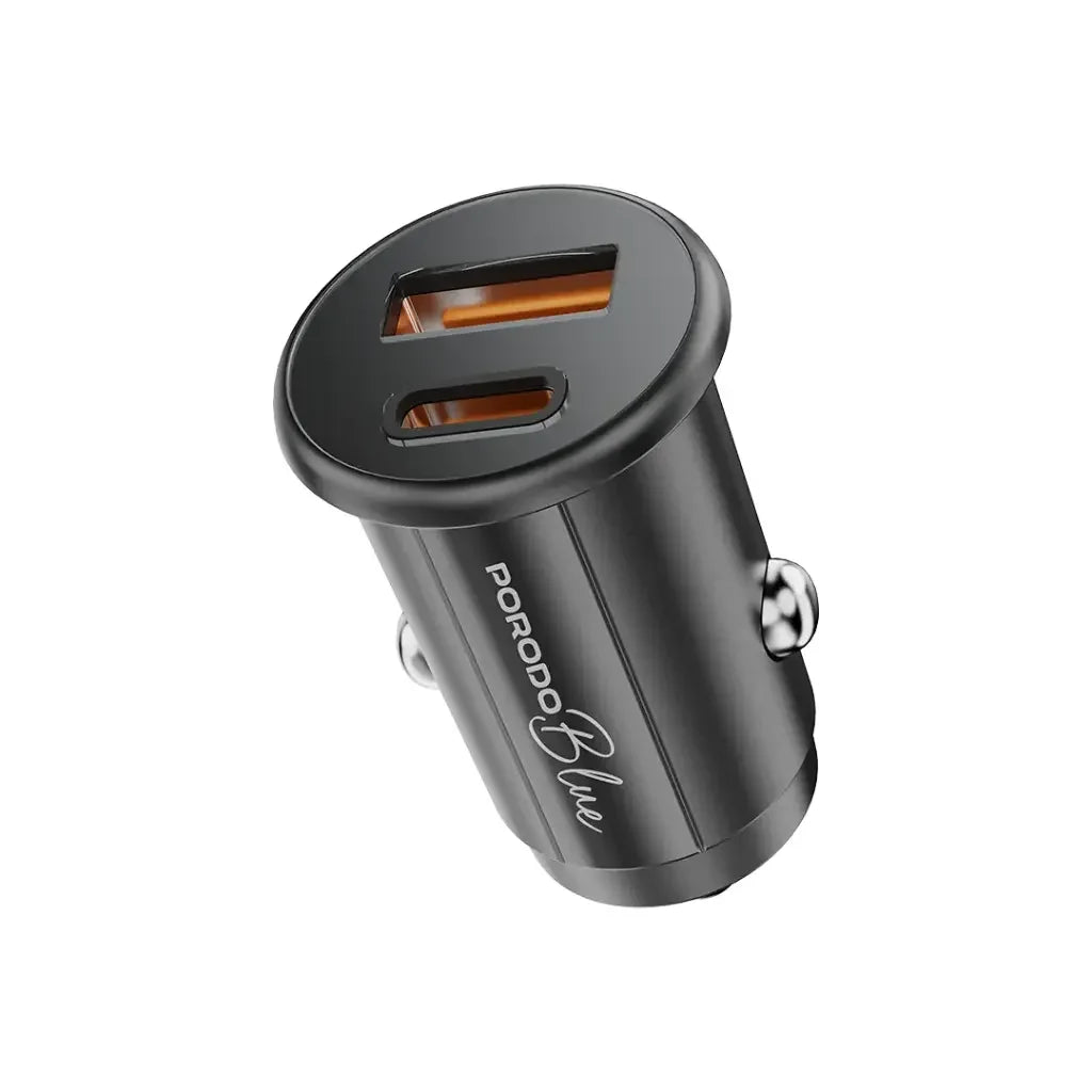 PB-FWCH037-BK-C , Porodo Blue Dual Port 30W Car Charger with C to C Cable - Black