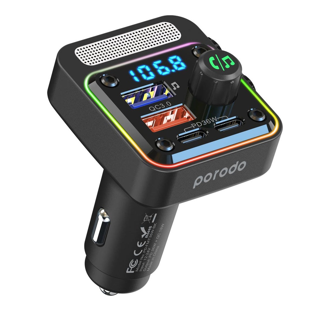 PD-FMT36W-BK ,  Porodo Quick-Charge FM Car Charger Dual USB-C & USB-A-Black