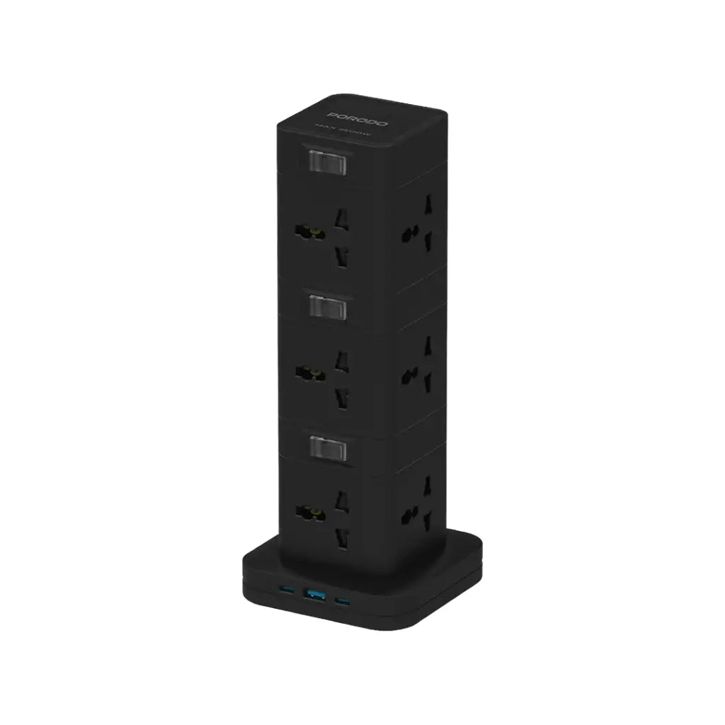PD-FWCH042-BK , Porodo Three-Story 12AC Power Hub With USB-C PD & Quick Charge 3.0 - Black