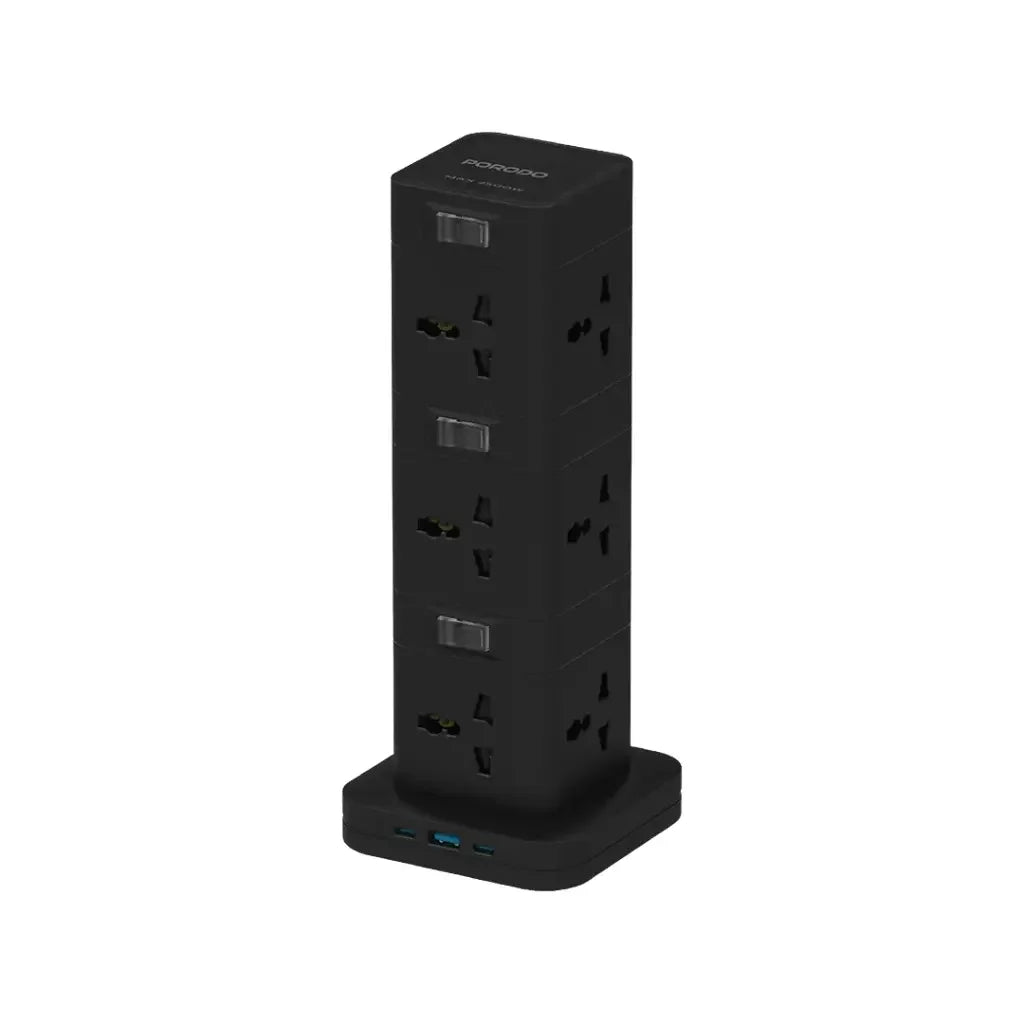 PD-FWCH042-BK , Porodo Three-Story 12AC Power Hub With USB-C PD & Quick Charge 3.0 - Black