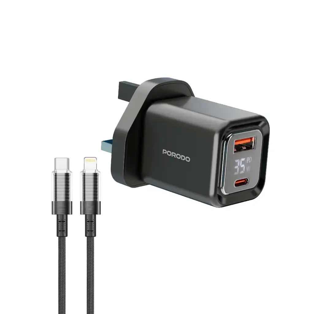 Porodo Dual-Port | Digital Display Quick Charger with Cable Type C To Lightning cable