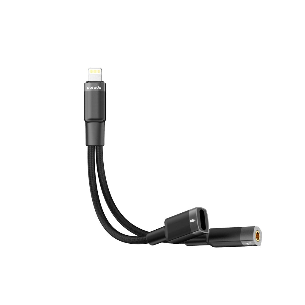 PD-L2LAXCA-BK | Porodo Lightning Connector Audio & Charge Adapter 0.12M | Black