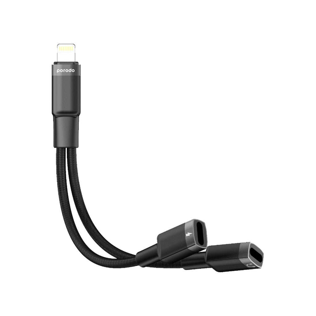 محول شحن وصوت من Porodo Lightning Connector (0.12 متر) أسود