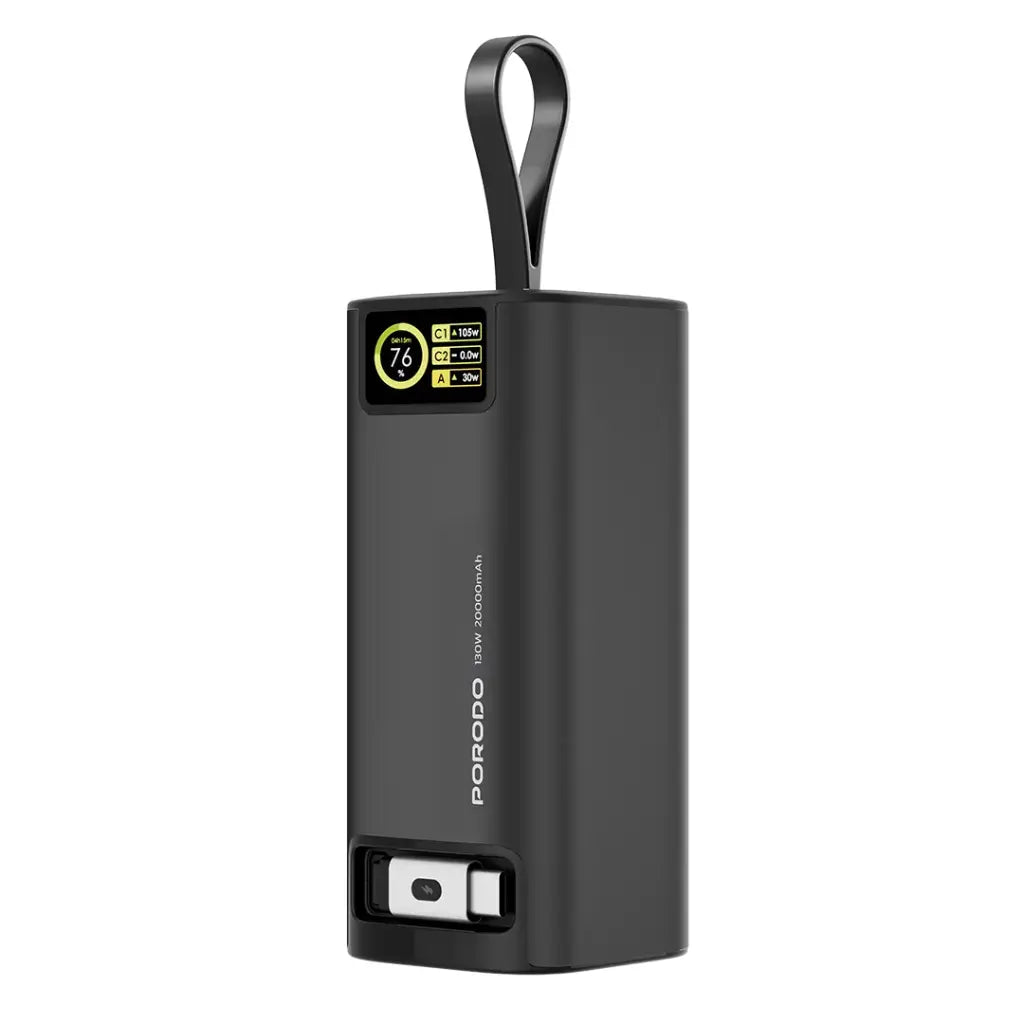 PD-PBFCH066-BK , Porodo 20000mAh 130W Power Bank 1M Retractable Type-C Cable - Black