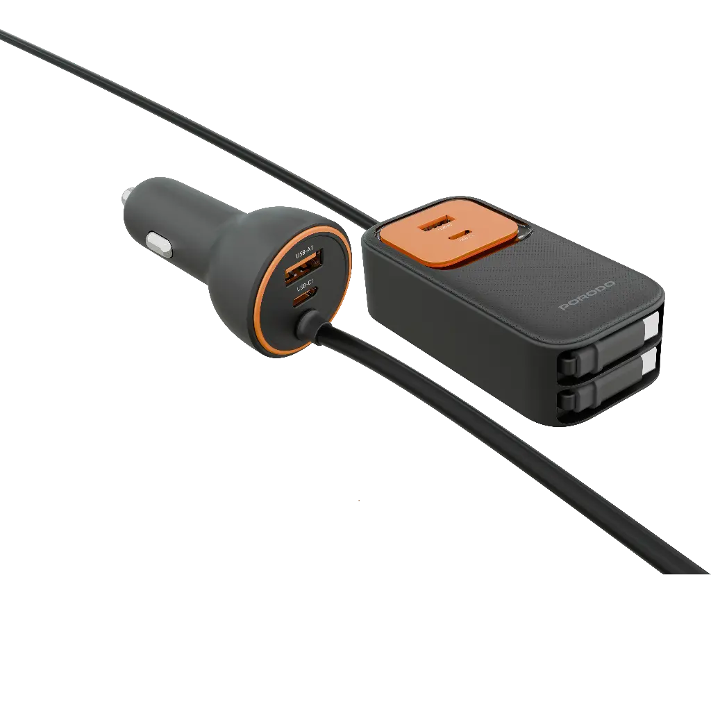 PDCCR32BK | Porodo Enzo Multi-Port Car Charger Dual 70cm Retractable Cables | Black