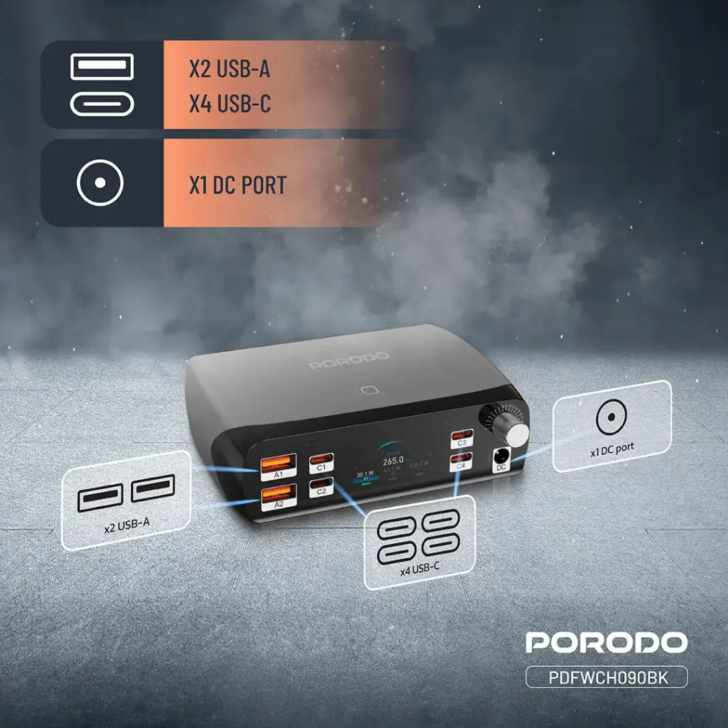 PDFWCH090BK | Porodo PowerGate Smart Charging Station | Black