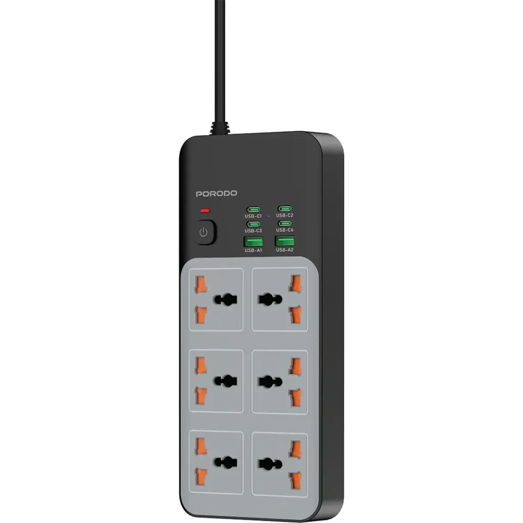PDFWCH100GY | Porodo 3000W 6AC Universal Power Strip with 6 USB Ports (4C + 2A) | Gray - GulfStore.com