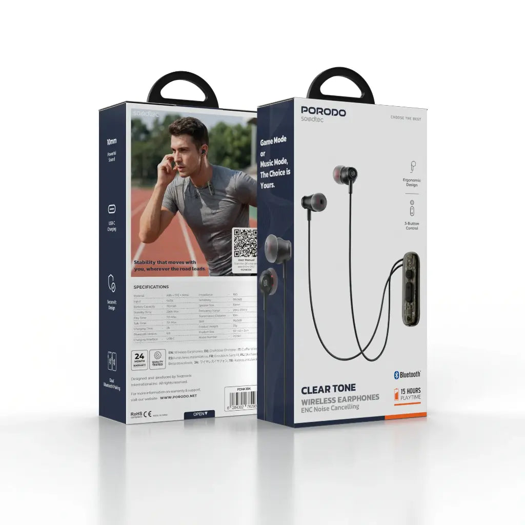 PDNK1BK | Porodo Clear Tone Wireless Earphone Enc Noice Cancelling | Black