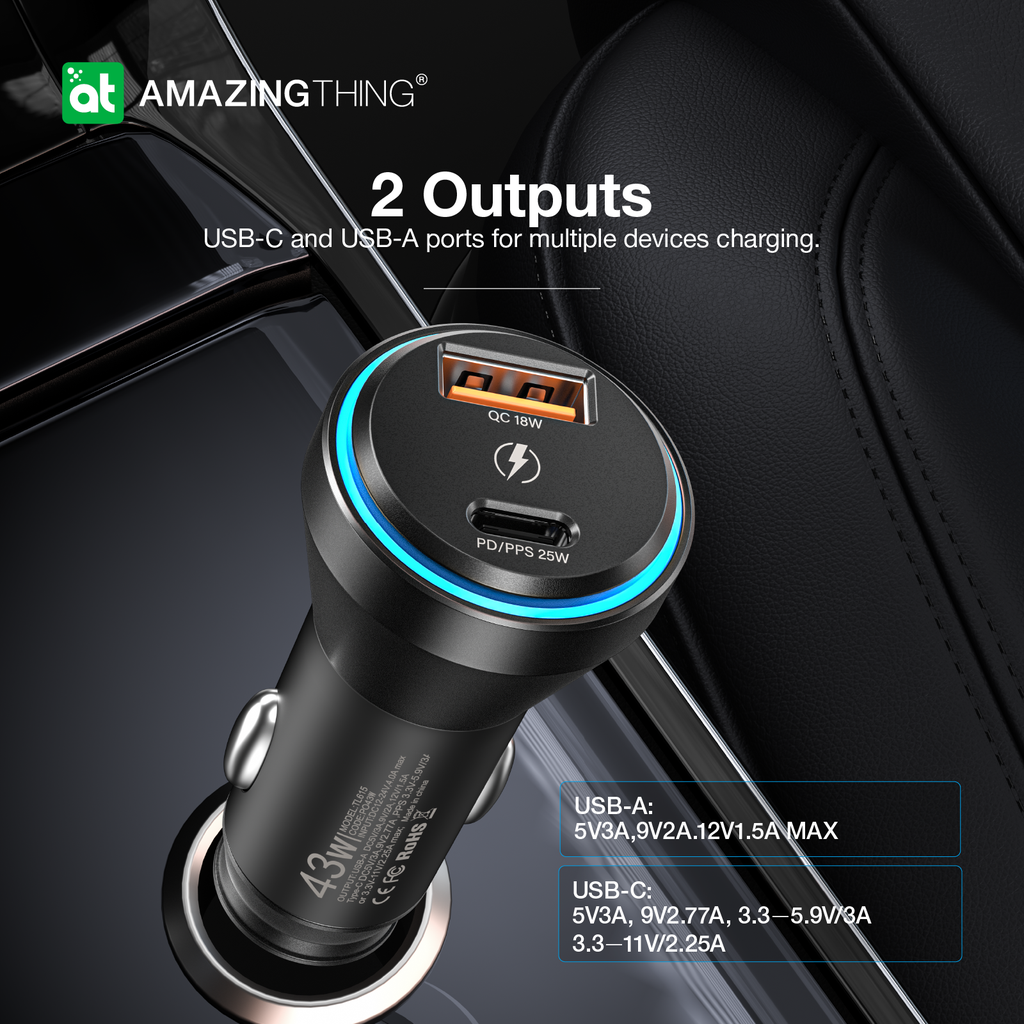 AMAZINGTHING | 17097 | FLEXI Power Pro Pd43W 2 Port Car Charger | Black