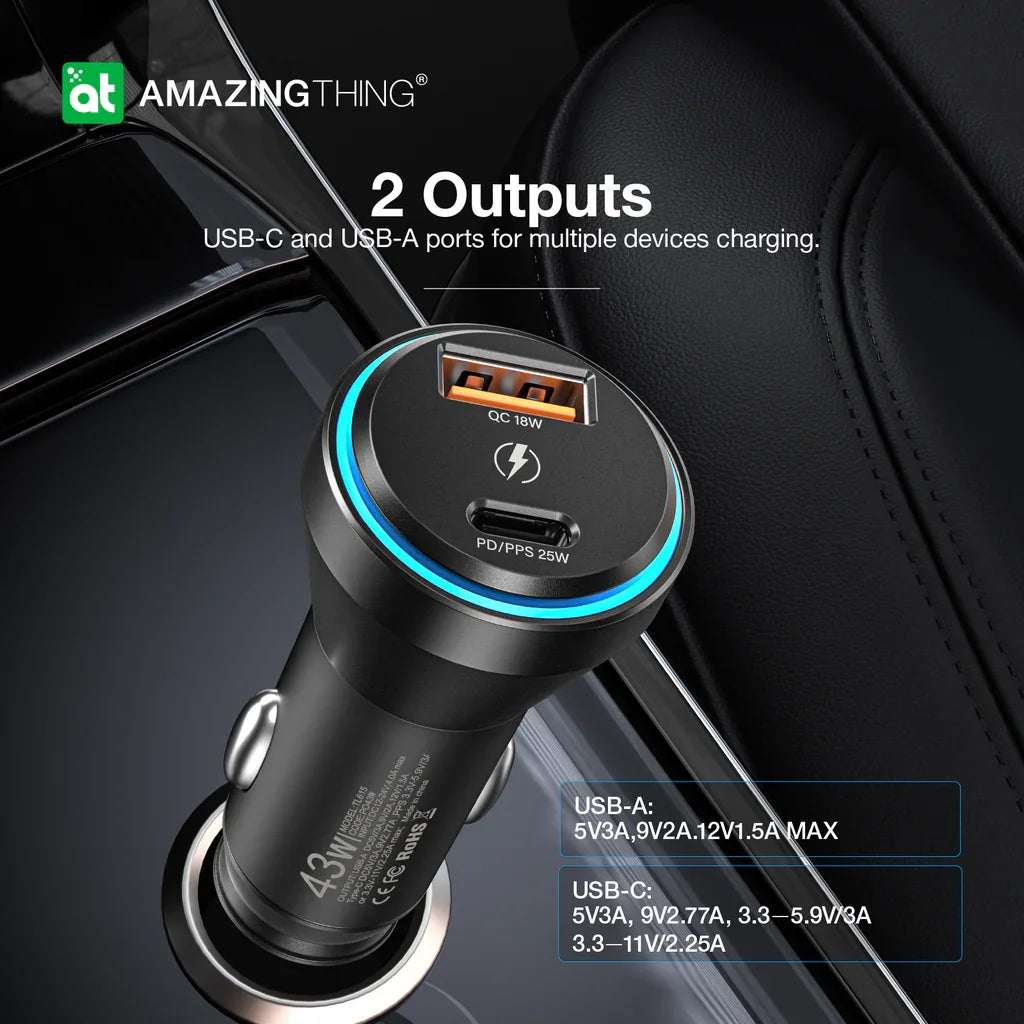 AMAZINGTHING | 17097 | FLEXI Power Pro Pd43W 2 Port Car Charger | Black