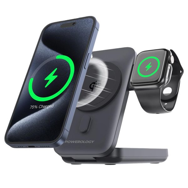 Powerology 10000mAh Qi2 - 15W iPhone 15 Magsafe Powerbank - Watch Charger Black
