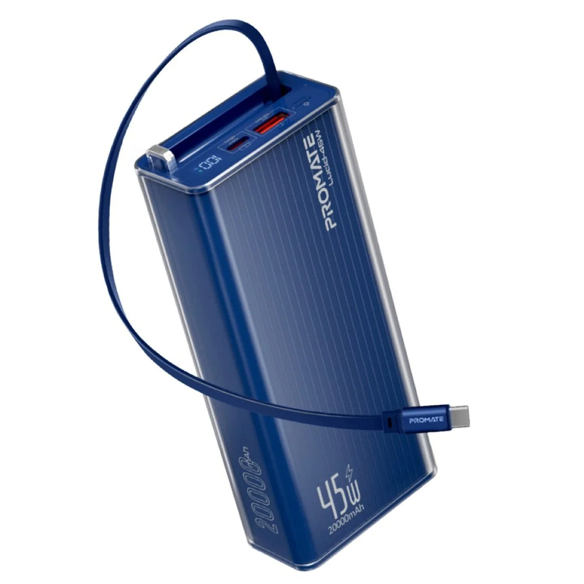 PROMATE Lucid-45W.Blue 20,000mAh power bank featuring 45W fast charging, a built-in retractable USB-C cable for cable-free convenience