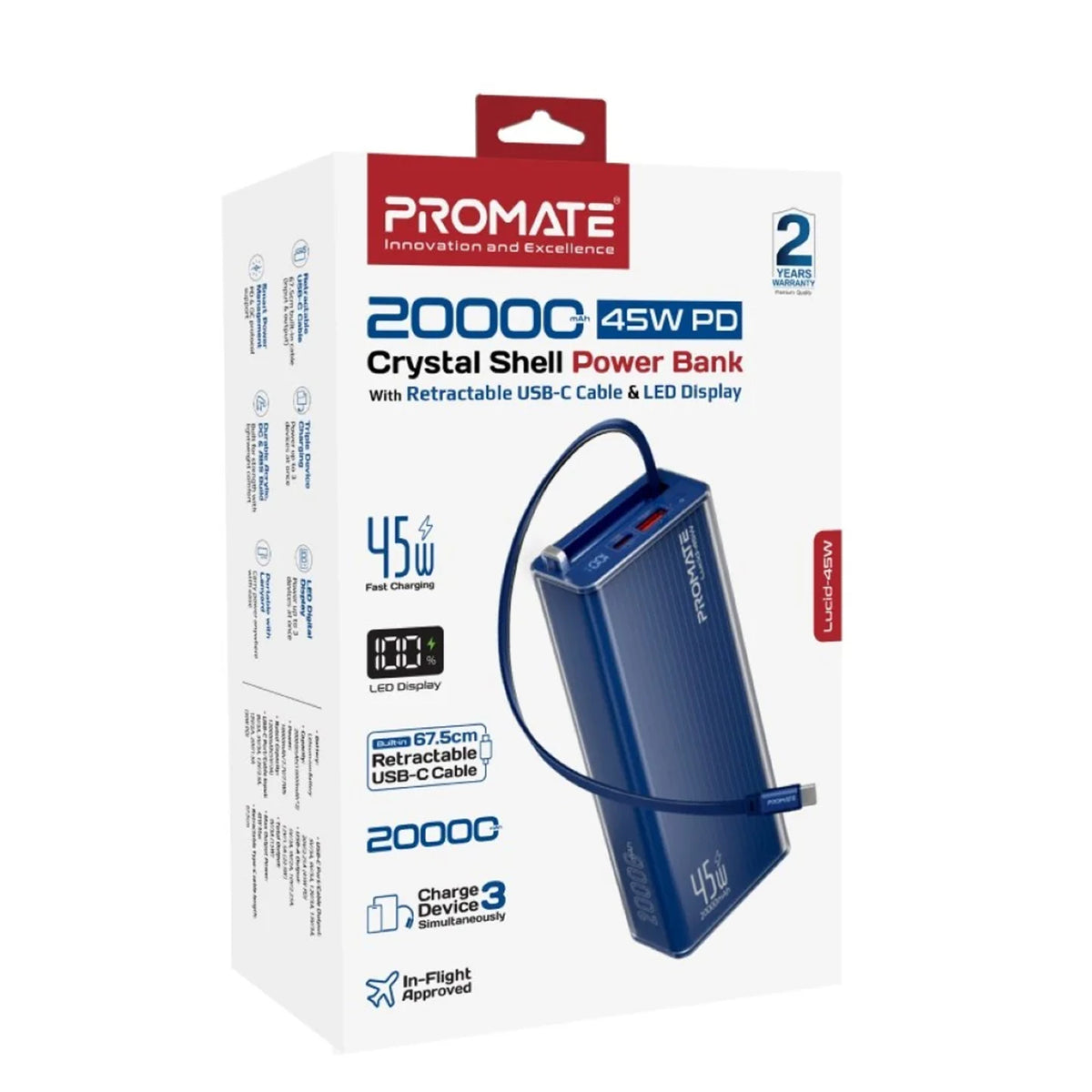 PROMATE Lucid-45W.Blue 20,000mAh power bank featuring 45W fast charging, a built-in retractable USB-C cable for cable-free convenience