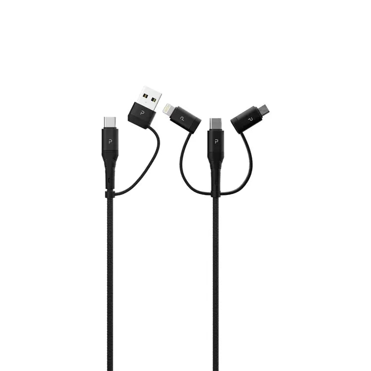 PW-12BDAIN1-BK، كابل بيانات مضفر بطول 1.2 متر من USB A/USB-C إلى USB-C+Lightning+MicroBlack