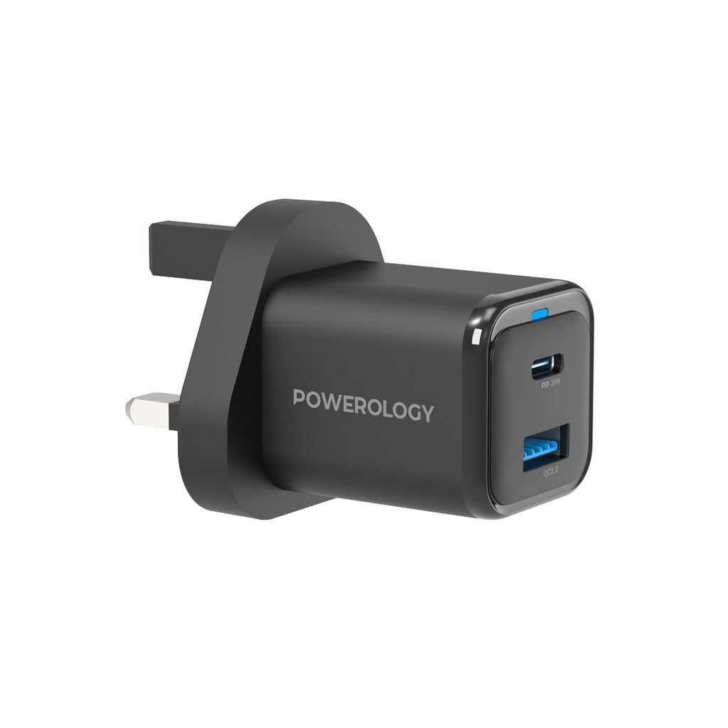 PWCUQC021 Powerology 35W PD QC 1*USB-C 35W و1*USB-A 18W GaN شاحن المملكة المتحدة مع كابل USB-C-أسود