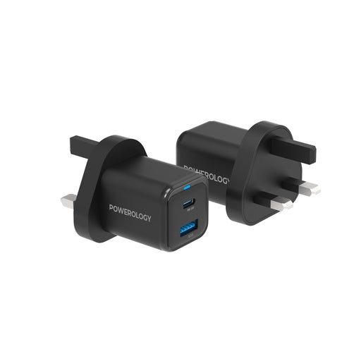 شاحن Powerology 35W PD QC 1*USB-C 35W و1*USB-A 18W GaN المملكة المتحدة - أسود