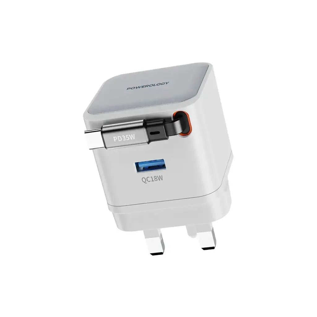 PWCUQC032WH , Powerology GAN PD35W Dual-Port Charger with Retractable Cable PWC032 - White