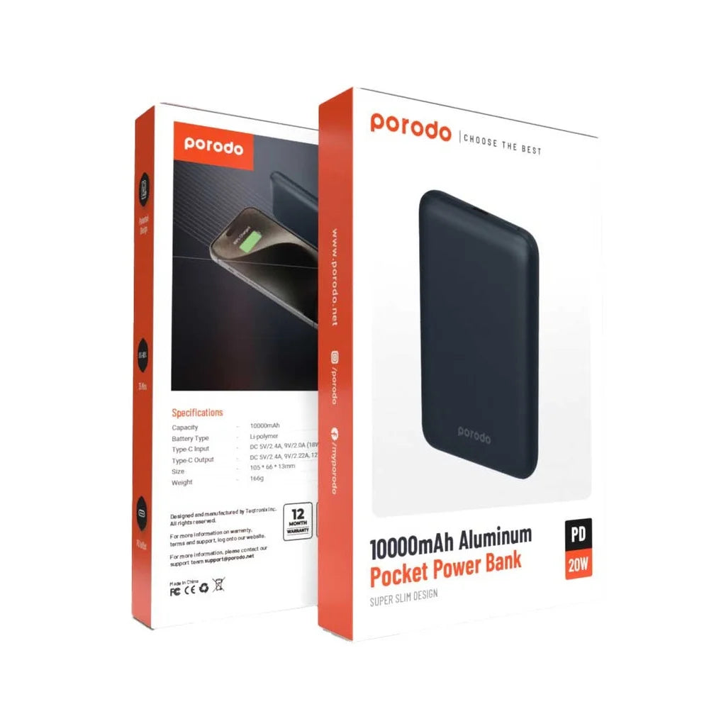 PDPBFCH034 | Porodo 10000mAh Aluminum Pocket Power Bank Super Slim Design | Grey