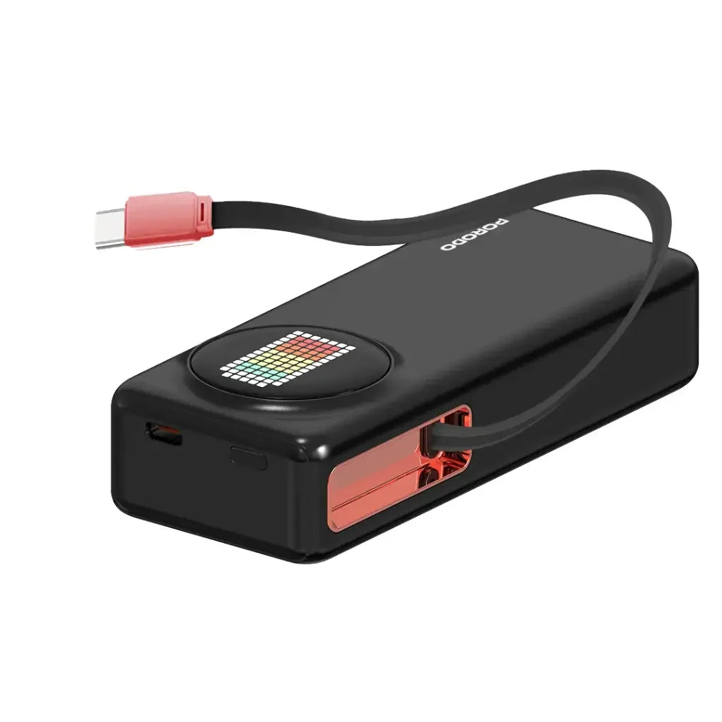 Porodo 10000Mah Animated Display Power Bank 68Cm Retractable Type-C (PD-PBFCH072-BK)