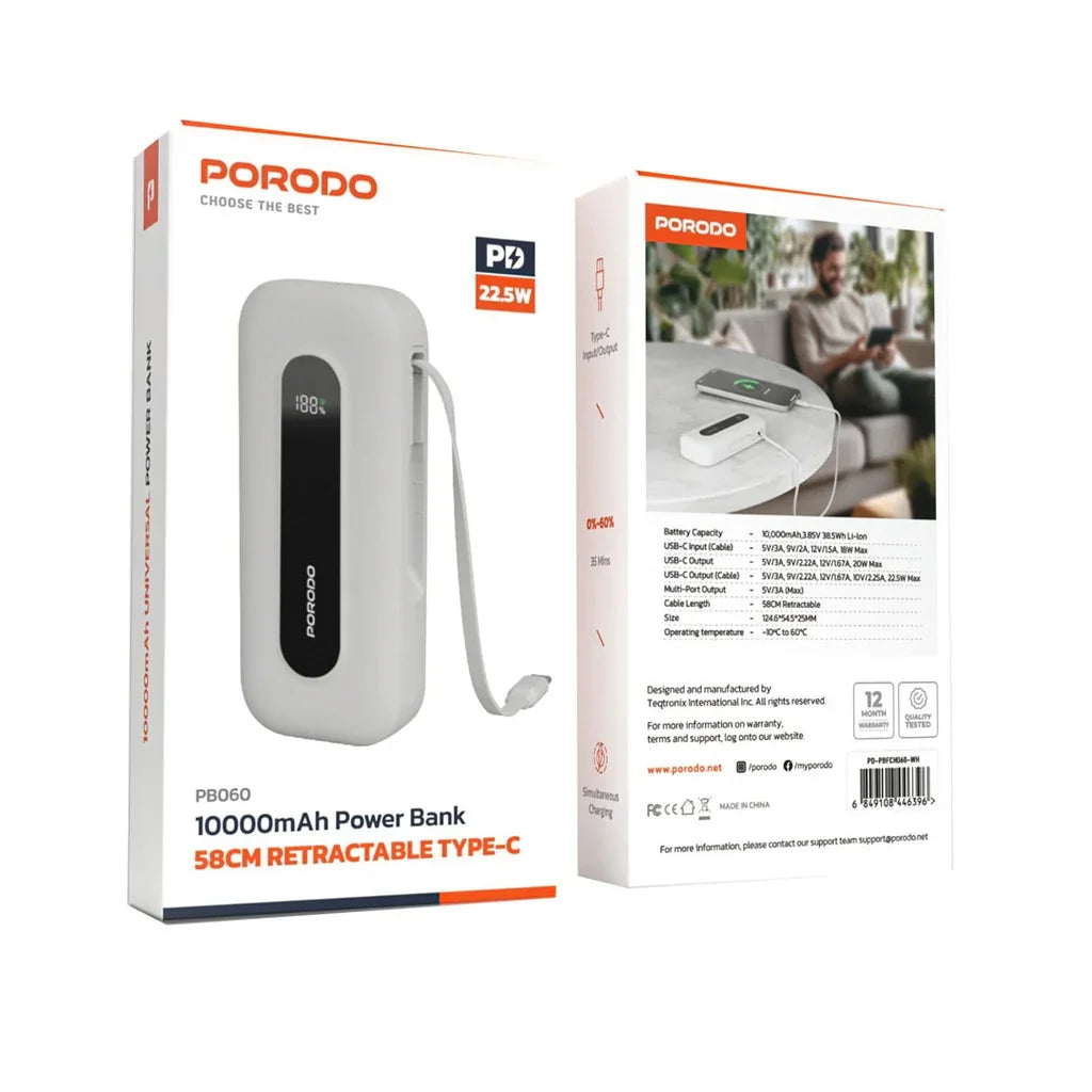 Porodo 10000mAh Power bank 58CM Retractable Type-C (PD-PBFCH060-WH)