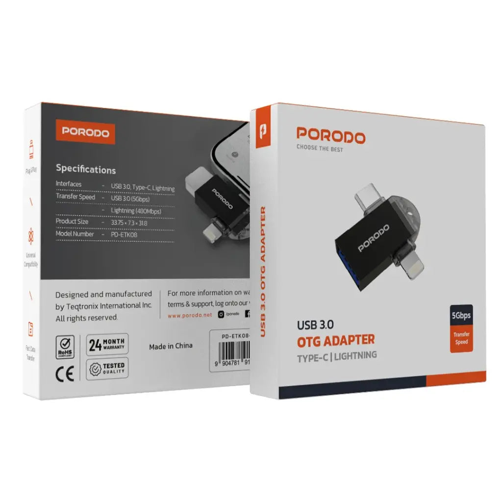 PD-ETK08 | Porodo 3-in-1 OTG Adapter | Black