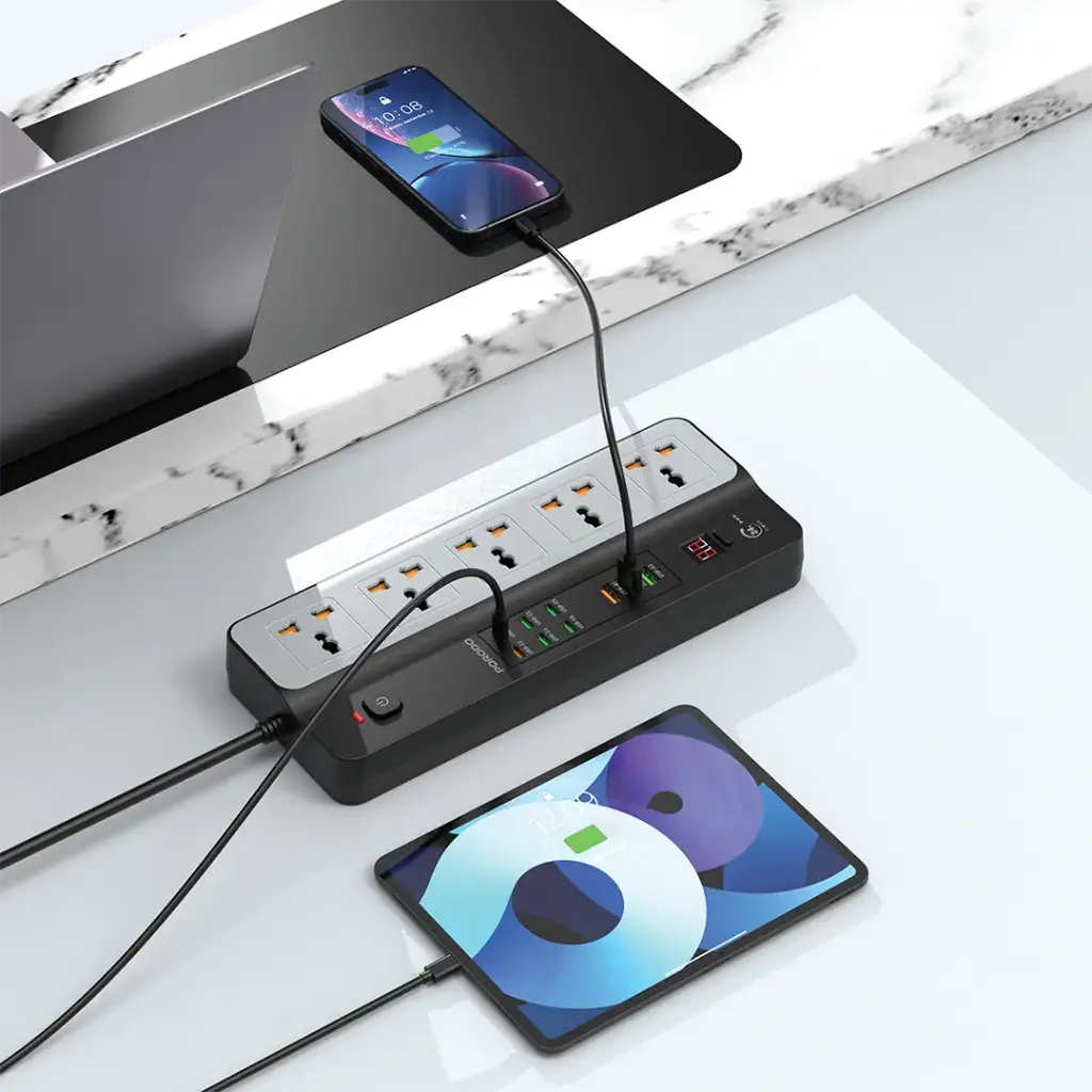 موزع طاقة عالمي من بورودو بقوة 3000 واط | 5 منافذ تيار متردد مع 9 منافذ USB (6 منافذ تيار متردد + 3 منافذ تيار متردد) - أسود