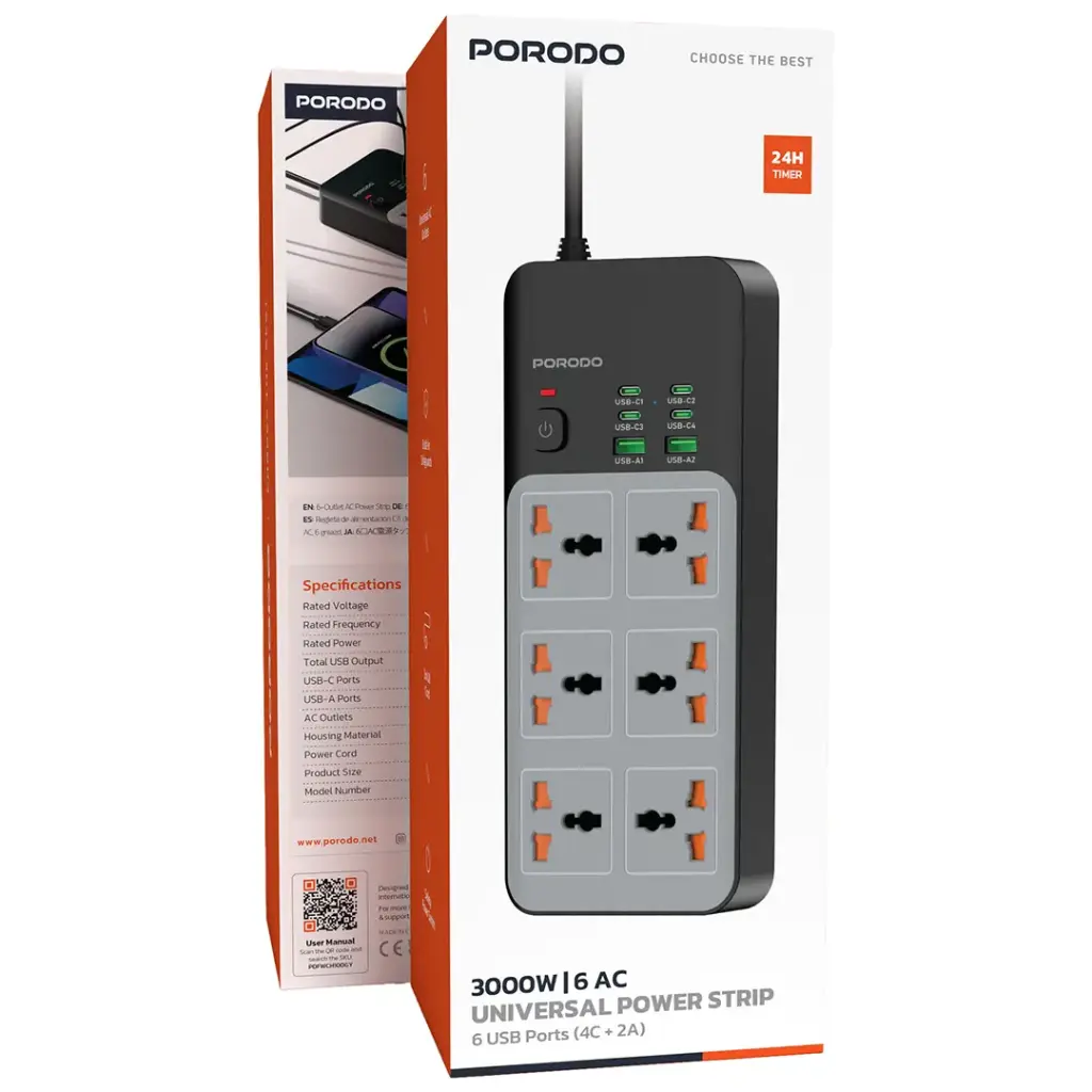 PDFWCH100GY | Porodo 3000W 6AC Universal Power Strip with 6 USB Ports (4C + 2A) | Gray - GulfStore.com