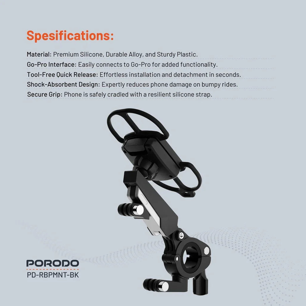 Porodo Shock-Absorption Bicycle Mount - Black  PD-RBPMNT-BK