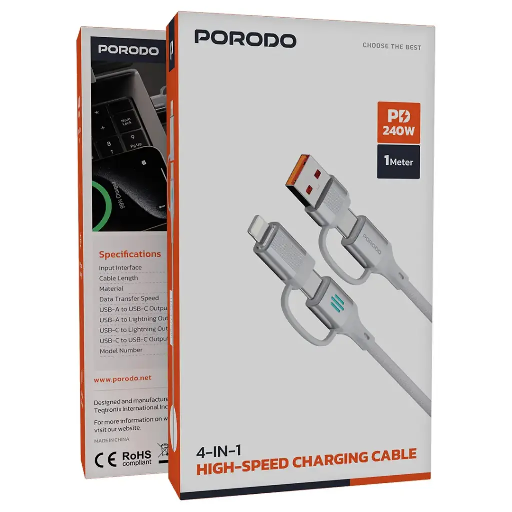PDCDCSL | Porodo 4in1 High Speed Charging Cable 1M - Silver