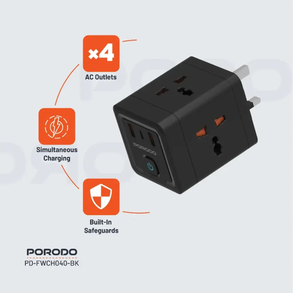 PD-FWCH040-BK , Porodo 4 AC Universal Power Block - Black
