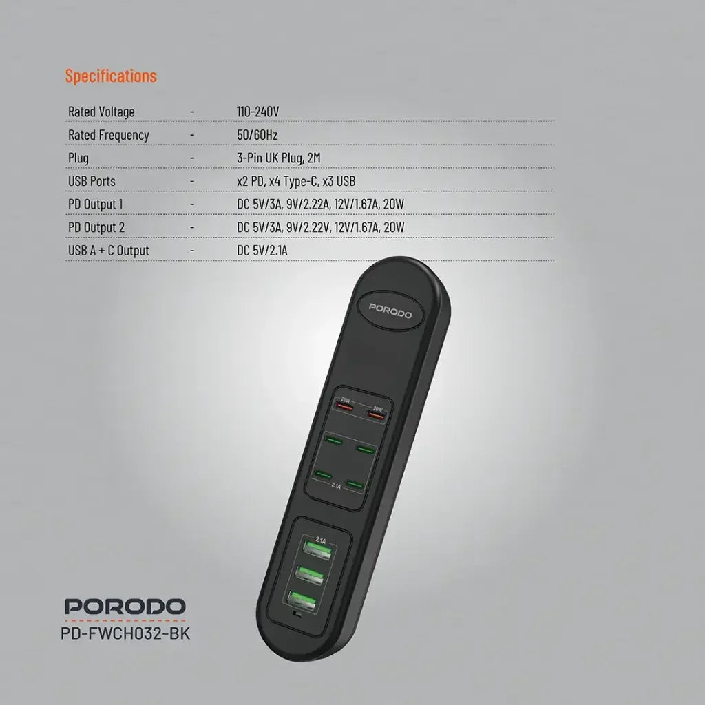 PD-FWCH032-BK , Porodo FWC032 50W Multi-Port USB Charging Hub - Black