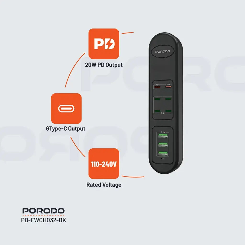 PD-FWCH032-BK , Porodo FWC032 50W Multi-Port USB Charging Hub - Black