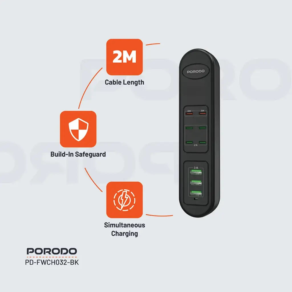 PD-FWCH032-BK , Porodo FWC032 50W Multi-Port USB Charging Hub - Black