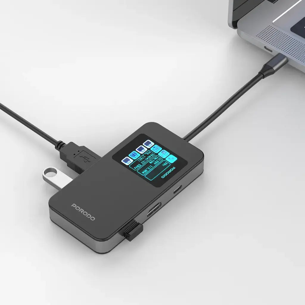 Porodo 6-In-1 Multi-Port USB-C Hub with Smart Digital Display - Gray