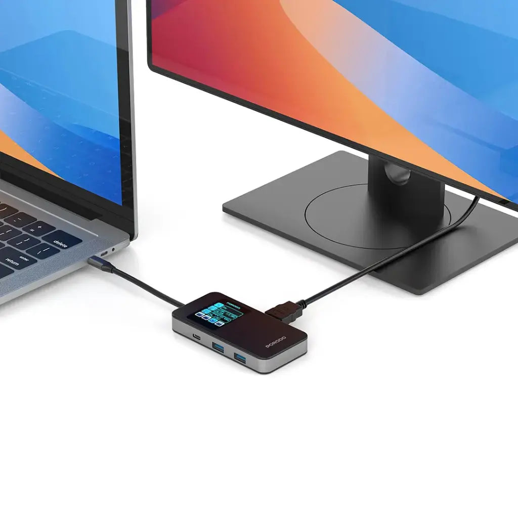 Porodo 6-In-1 Multi-Port USB-C Hub with Smart Digital Display - Gray