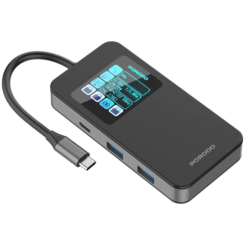 Porodo 6-In-1 Multi-Port USB-C Hub with Smart Digital Display - Gray